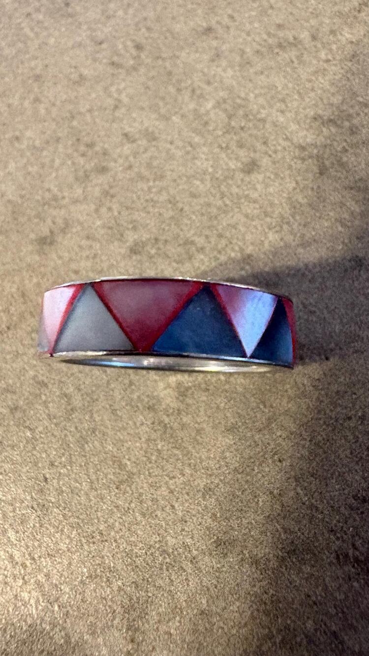 Vintage Geometric Triangle Inlay Band Ring 5.5 Stone Silver Tone Southwestern